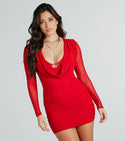 Cowl Neck Plunging Neck Knit Short Long Sleeves Mesh Ruched Sheer Fitted Bodycon Dress With Rhinestones