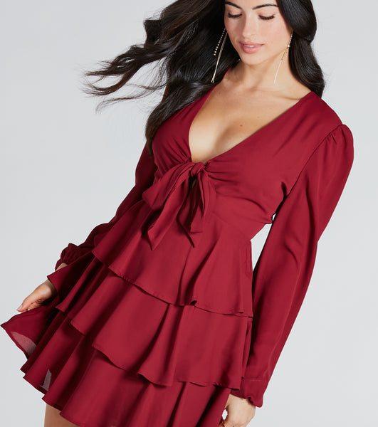 V-neck Sheer Tiered Long Sleeves Plunging Neck Peasant Dress/Skater Dress/Midi Dress With Ruffles