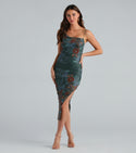 Sleeveless Spaghetti Strap Paisley Print Knit Cowl Neck Ruched Slit Mesh Bodycon Dress/Midi Dress