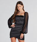 Satin Glittering Pleated Sheer Wrap Mesh Short Long Sleeves Peasant Dress/Bodycon Dress