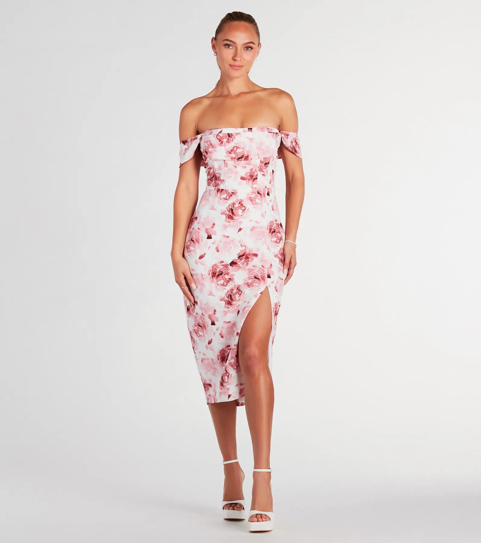 Floral Print Short Sleeves Sleeves Off the Shoulder Back Zipper Slit Cowl Neck Skater Dress/Party Dress/Midi Dress