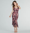V-neck Knit Floral Print Spaghetti Strap Asymmetric Mesh Bodycon Dress/Midi Dress With Ruffles