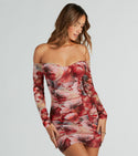 Spring Floral Print Short Off the Shoulder Mesh Ruched Back Zipper Fitted Sheer Sweetheart Knit Bodycon Dress