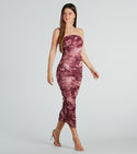 Strapless Knit Mesh Ruched Floral Print Bodycon Dress/Maxi Dress