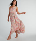 A-line One Shoulder Sleeveless Tank Pleated Fitted Sheer Floral Print Maxi Dress