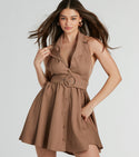 V-neck Sleeveless Belted Fitted Open-Back Button Front Button Closure Short Collared Fit-and-Flare Skater Dress