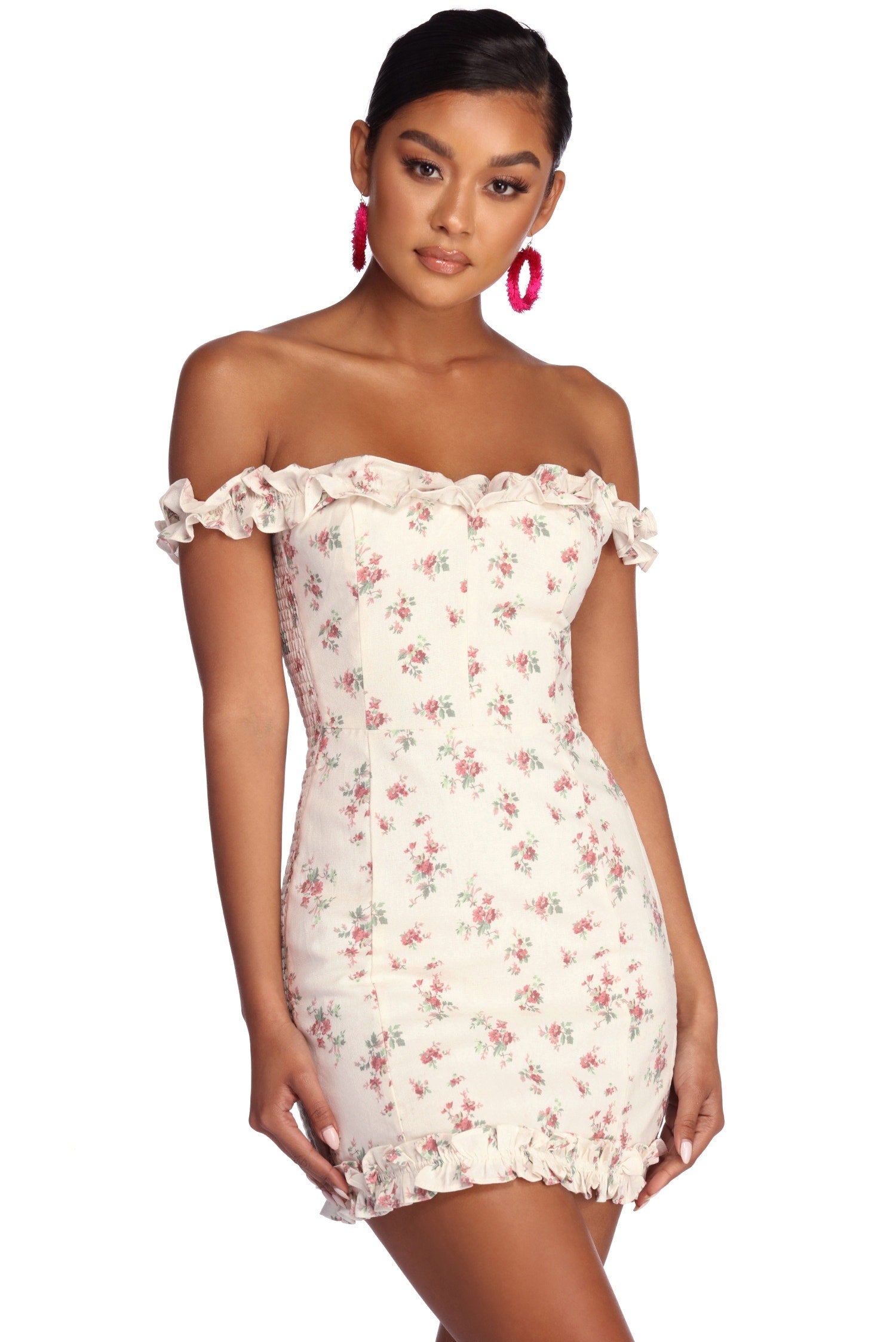 forever new lace mini spliced dress with fluted sleeve in pink and white