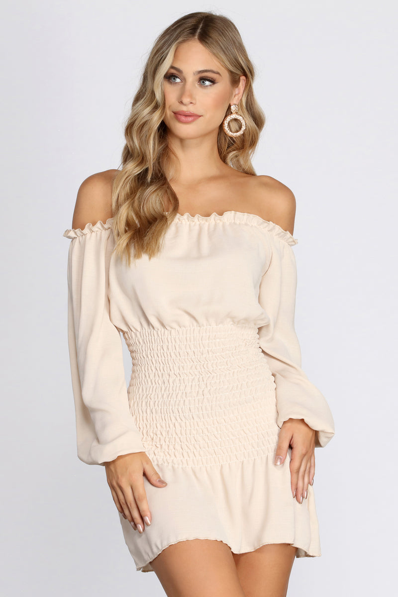 beige off the shoulder dress