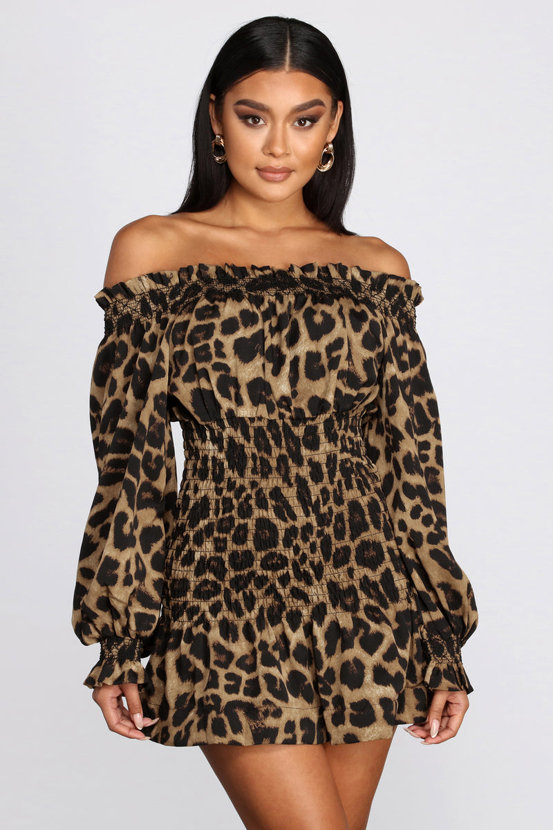 off the shoulder cheetah print dress