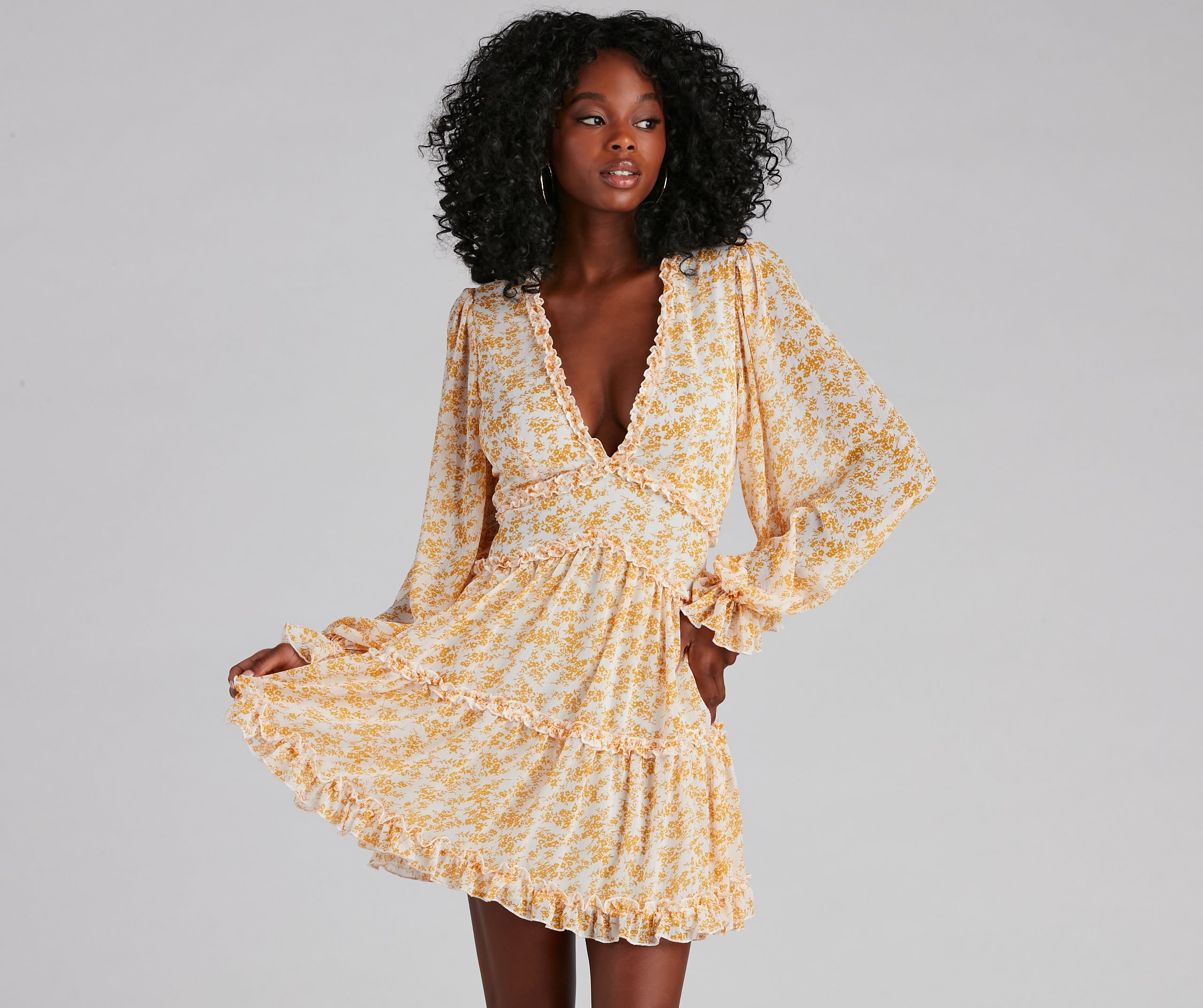 long yellow ruffle dress