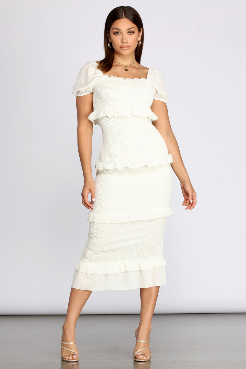 white midi ruffle dress