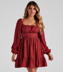 A-line Summer Flowy Ruched Fitted Back Zipper Linen Square Neck Short Dress With Ruffles