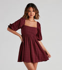 Babydoll Square Neck Open-Back Plaid Print Puff Sleeves Sleeves Skater Dress/Midi Dress With Ruffles