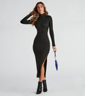 Long Sleeves Knit Turtleneck Ribbed Slit Fitted Maxi Dress