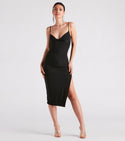 V-neck Sleeveless Spaghetti Strap Slit Stretchy Knit Midi Dress With Rhinestones