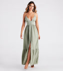 V-neck Knit Sleeveless Spaghetti Strap Flowy Slit Button Front Stretchy Maxi Dress With Ruffles