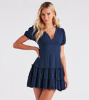 V-neck Fit-and-Flare Short Sleeves Sleeves Back Zipper Stretchy V Back Fitted Skater Dress/Midi Dress With Ruffles