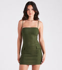 Square Neck Twill Short Sleeveless Spaghetti Strap Back Zipper Pocketed Bodycon Dress