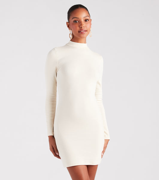 Mock Neck Long Sleeves Fitted Short Bodycon Dress