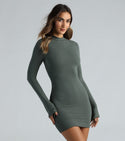 Short Knit Mock Neck Ribbed Fitted Long Sleeves Bodycon Dress