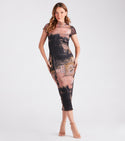 Abstract Print Fitted Sheer Stretchy Mesh Mock Neck Scoop Neck Knit Cap Sleeves Spaghetti Strap Bodycon Dress/Maxi Dress