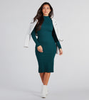 Mock Neck Fitted Ribbed Slit Stretchy Long Sleeves Midi Dress