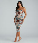 Abstract Print Square Neck Sleeveless Spaghetti Strap Knit Mesh Ruched Bodycon Dress/Midi Dress