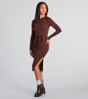 Slit Fitted Ribbed Knit Crew Neck Bodycon Dress/Midi Dress