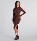 Knit Crew Neck Fitted Ribbed Slit Bodycon Dress/Midi Dress