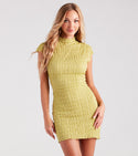 Mock Neck Knit Mesh Stretchy Cap Sleeves Short Bodycon Dress