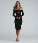 Ribbed Cutout Fitted Knit Long Sleeves Off the Shoulder Bodycon Dress/Midi Dress