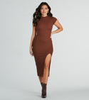 Cap Sleeves Mock Neck Slit Ribbed Knit Sweater Bodycon Dress/Midi Dress