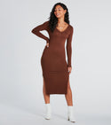 V-neck Fitted Slit Ribbed Long Sleeves Midi Dress