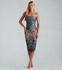 Floral Paisley Print Sleeveless Spaghetti Strap Knit Ruched Mesh Square Neck Fall Bodycon Dress/Party Dress/Midi Dress