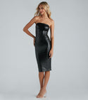 Sexy Strapless Faux-Leather Slit Bodycon Dress/Midi Dress