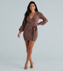 V-neck Tie Waist Waistline Short Belted Stretchy Banding Long Sleeves Knit Bodycon Dress