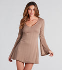 A-line V-neck Long Sleeves Knit Short Dress