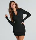 Fitted Ribbed Long Sleeves Knit Mock Neck Short Bodycon Dress