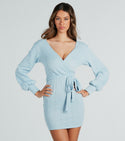 V-neck Long Sleeves Plunging Neck Sweater Knit Tie Waist Waistline Belted Wrap Banding Short Dress