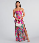 Strapless Tropical Print Flowy Slit Mesh Back Zipper Knit Maxi Dress With Ruffles