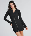 Ribbed Pocketed Fitted Long Sleeves Crew Neck Short Knit Bodycon Dress