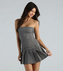 Strapless Knit Belted Pleated Short Plaid Print Dress
