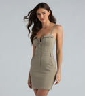 Short Sweetheart Belted Button Front Pocketed Spaghetti Strap Bodycon Dress