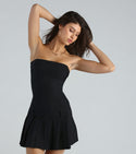 A-line Strapless Short Belted Pleated Dress