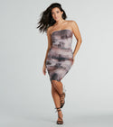 Strapless General Print Ruched Mesh Knit Bodycon Dress/Midi Dress