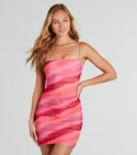 Square Neck Mesh Asymmetric Sheer Ruched Knit Sleeveless Spaghetti Strap Floor Length Short Tie Dye Print Bodycon Dress