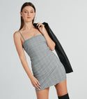 Square Neck Leather Short Back Zipper Pleated Faux Wrap Plaid Print Sleeveless Spaghetti Strap Bodycon Dress