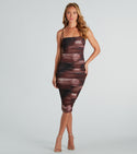 Spaghetti Strap Abstract Print Knit Mesh Ruched Bodycon Dress/Midi Dress