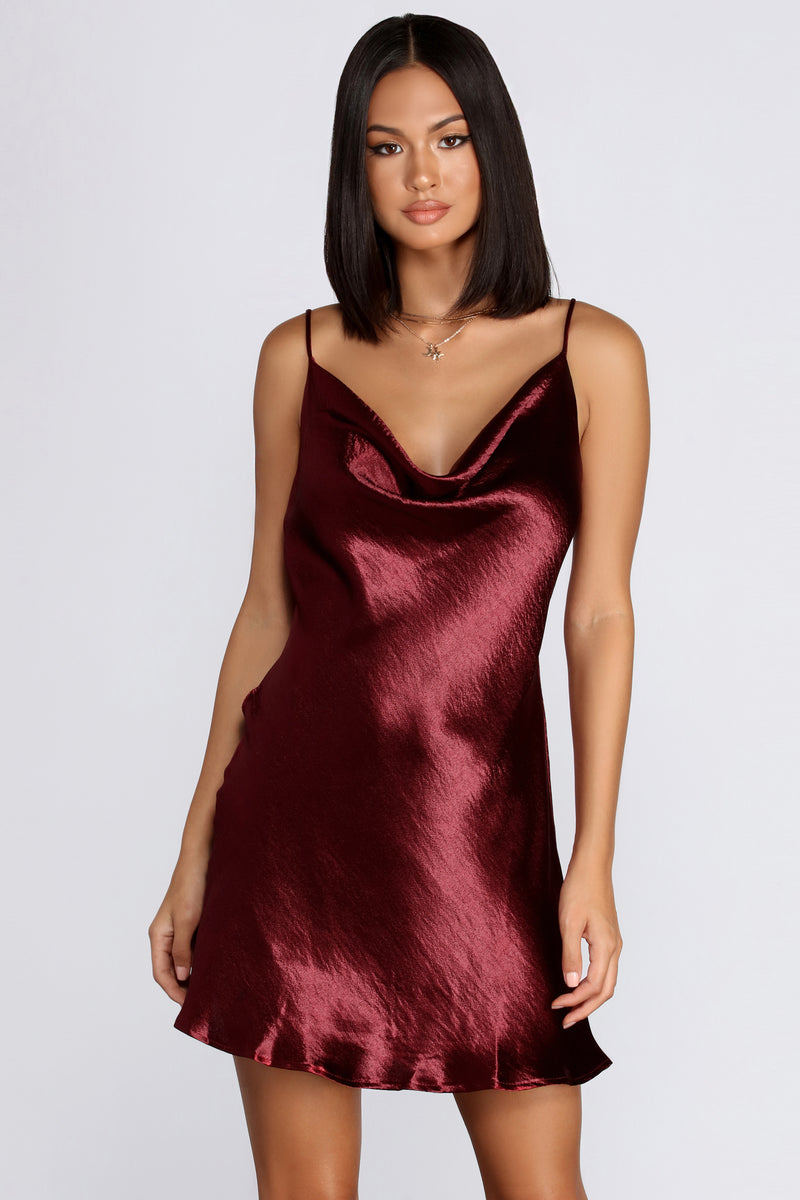 red satin cowl neck mini dress