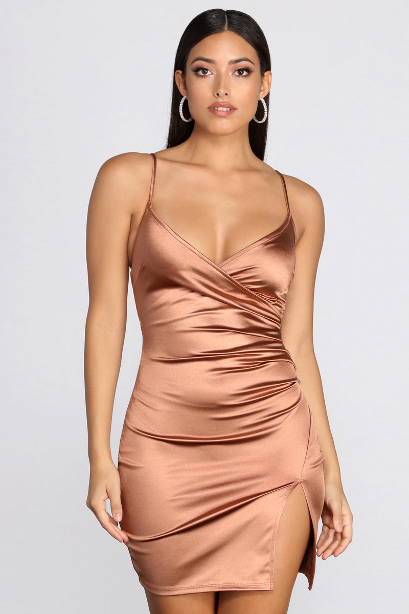 gold satin mini dress